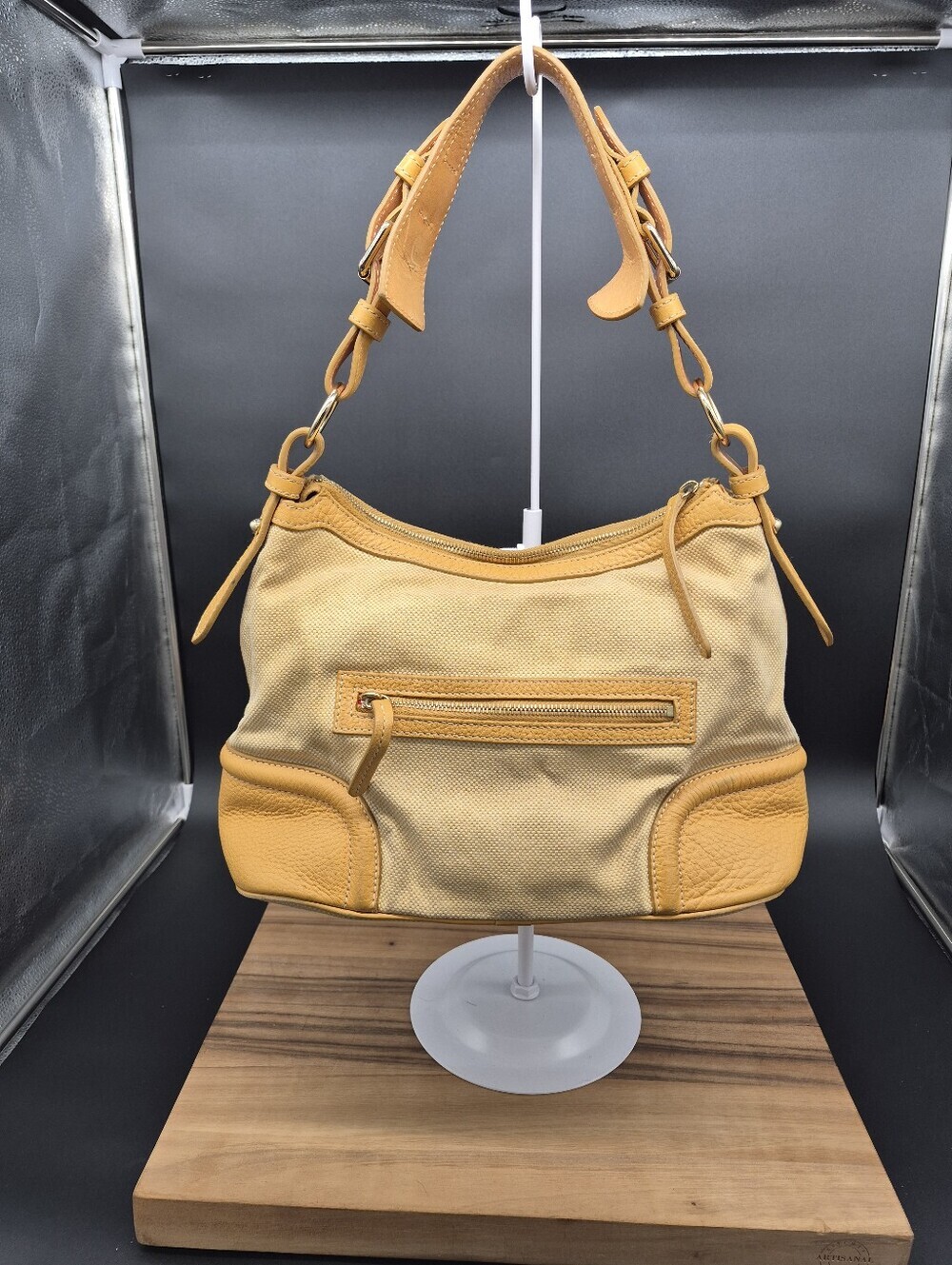 Dooney & Bourke Yellow Canvas & Leather Bag w/key Fob, Adjustable Strap 12.5×8×6 - Picture 2 of 14